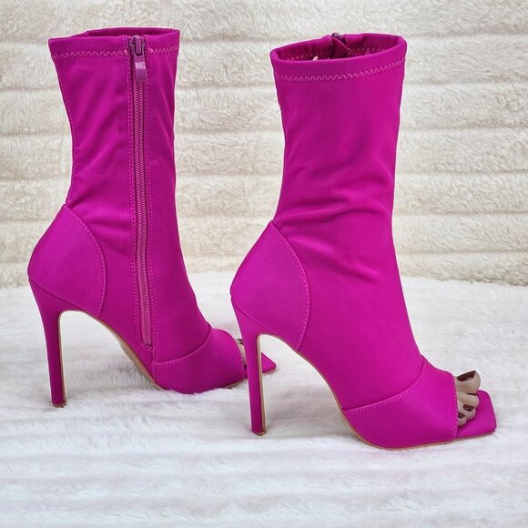 Bold Bright Fuchsia Pink Stretch Square Open Toe High Heel Ankle Boots - Picture 2 of 9